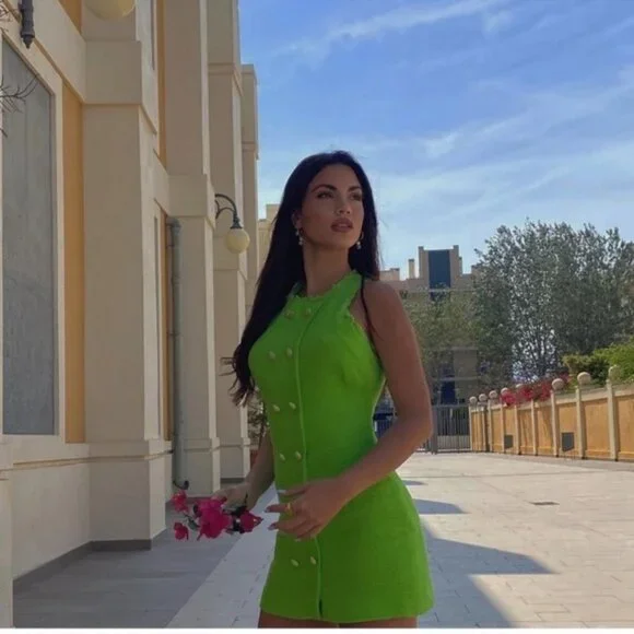 NWT ZARA Textured Weave Dress With Buttons M Green - Picture 6 of 13